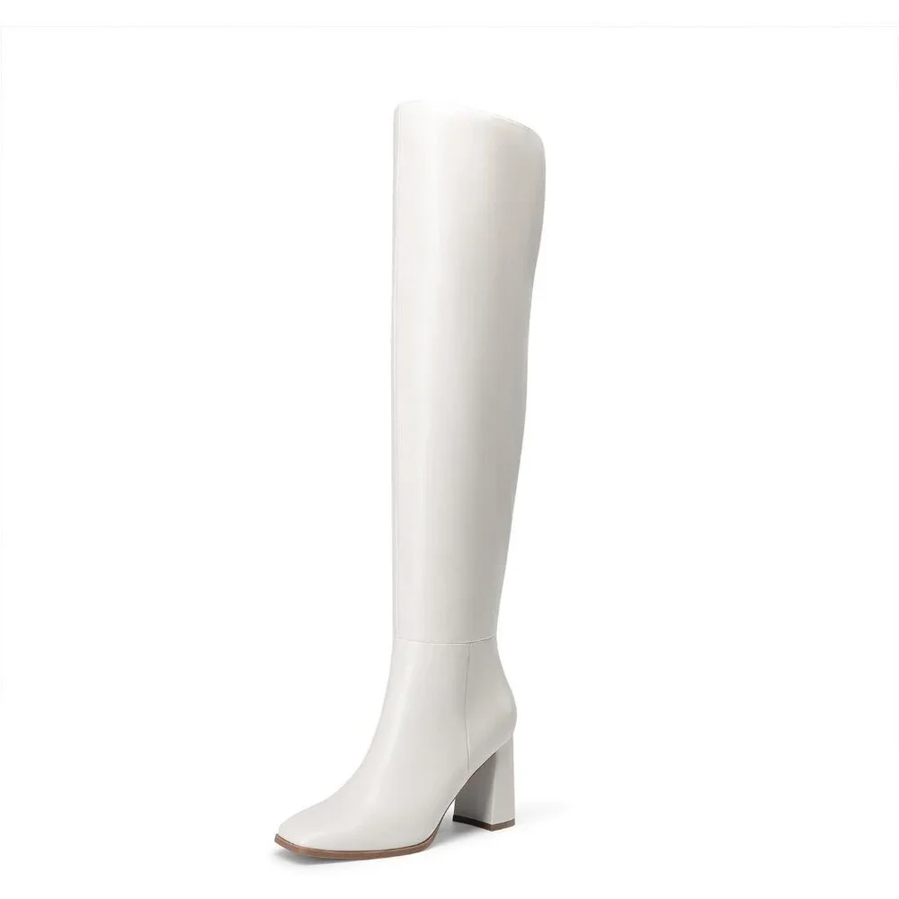 Women's White Faux Leather Thigh High Block Chunky Heeled Knee High Long Boots